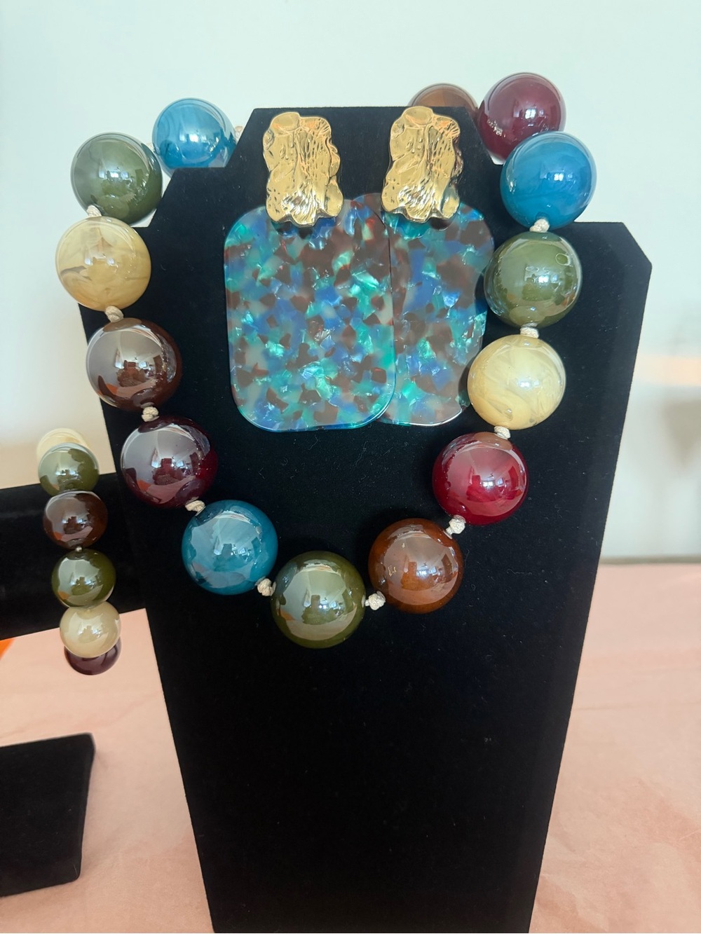 Multicolor Resin Bead Necklace, Bracelet & Blue Mosaic Drop Earrings